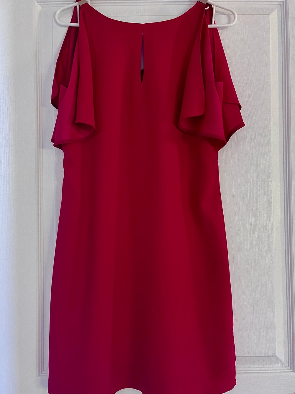 White House Black Market Fuchsia/Red Cold-Shoulder Ruffle Shift Dress
